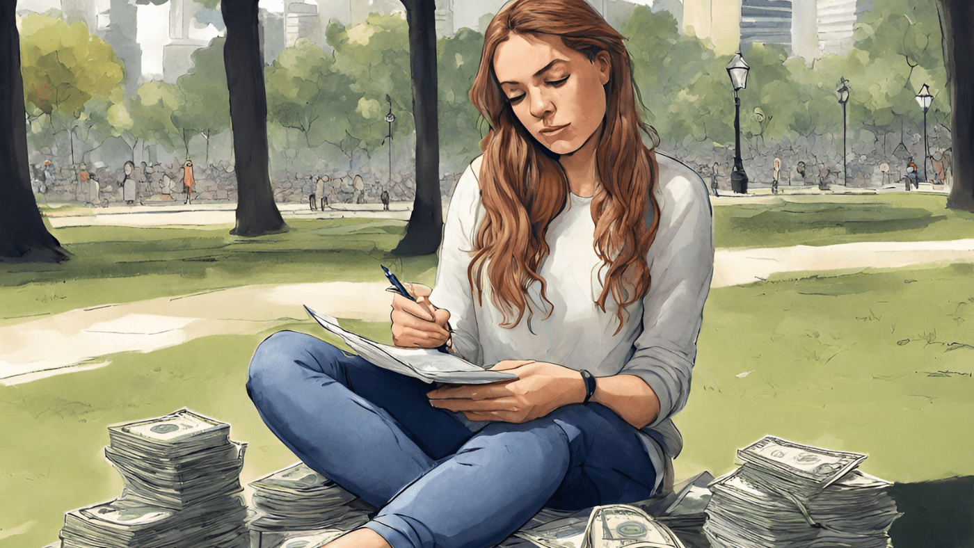 Dollari, Euro e Bitcoin Sono Tutte Monete Immaginarie Immagine di una ragazza che pensa e scrive sulle monete immaginarie, circondata da pile di dollari