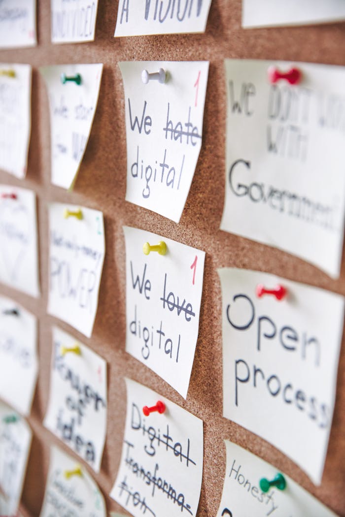 about-01 Corkboard filled with various handwritten notes and ideas pinned for planning and strategy.